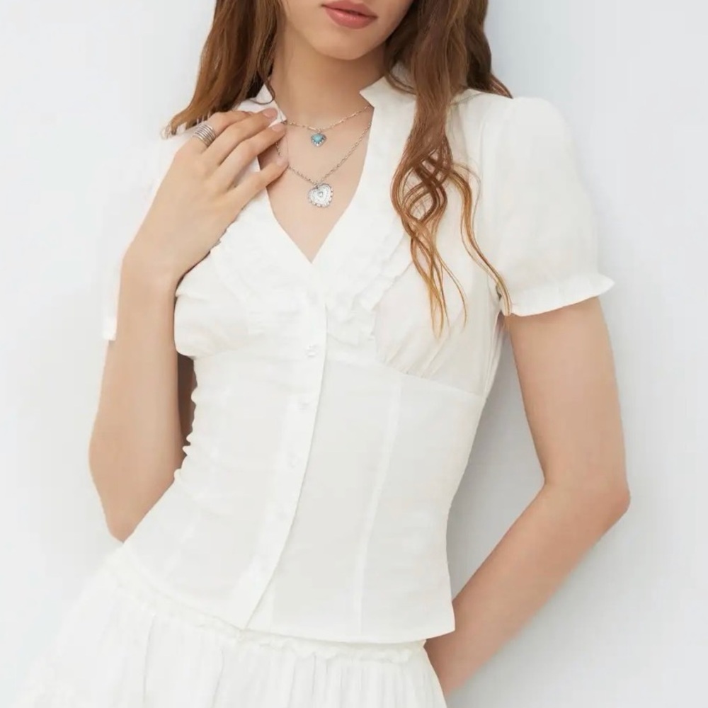 Cider Cotton-blend V-neck Lettuce Trim Short Sleeve Blouse